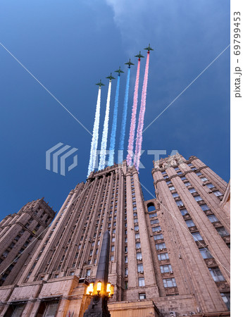 Ministry of Foreign Affairs of the Russian Federation and Russian military aircrafts fly in formation, Moscow, Russia 69799453