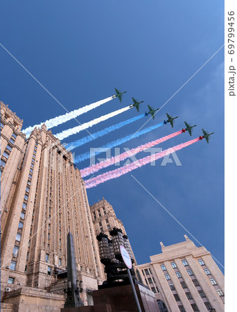 Ministry of Foreign Affairs of the Russian Federation and Russian military aircrafts fly in formation, Moscow, Russia 69799456