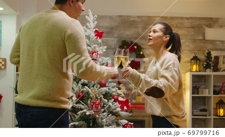 Cheerful young couple setting up their christmas tree 69799716