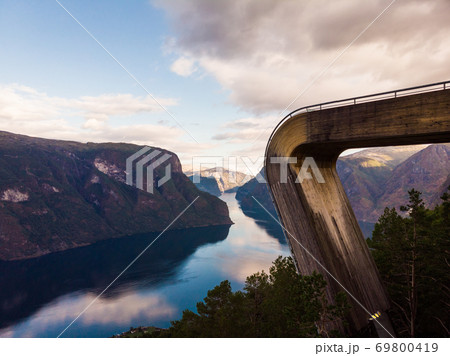 Aerial view. Fjord landscape at Stegastein viewpoint Norway Aerial view. Fjord landscape at Stegastein viewpoint Norway 69800419