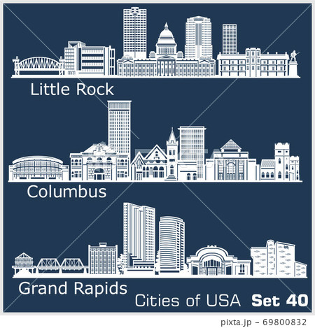 Cities of USA - Grand Rapids, Columbus, Little Rock. Detailed architecture. Trendy vector illustration. 69800832