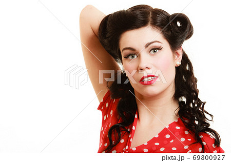 Retro. Portrait of woman girl with pinup hairstyle Retro. Portrait of woman girl with pinup hairstyle 69800927