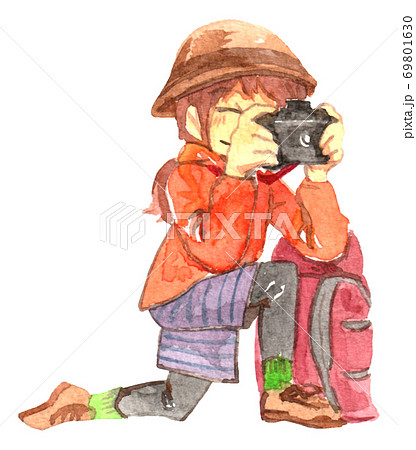 屋外で写真を撮る女性のイラスト素材