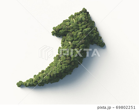 急上昇する矢印型の丘とそれを覆う緑の森。3Dレンダリング。 69802251