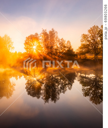 Golden misty sunrise on the pond in the autumn morning. Trees with rays of the sun cutting through it, reflected in the water. Golden misty sunrise on the pond in the autumn morning. Trees with rays of the sun cutting through it, reflected in the water. 69803266
