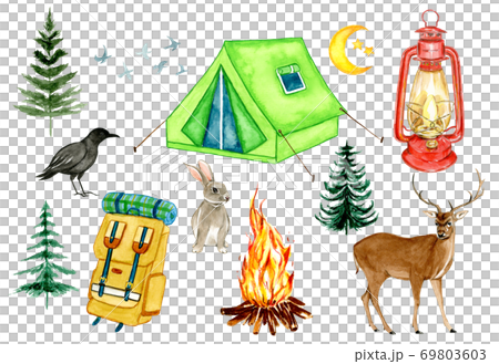 キャンプ 水彩画イラストセットのイラスト素材