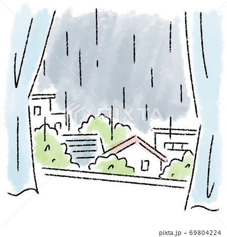 雨 窓 天気 悪い 水彩 手描きのイラスト素材