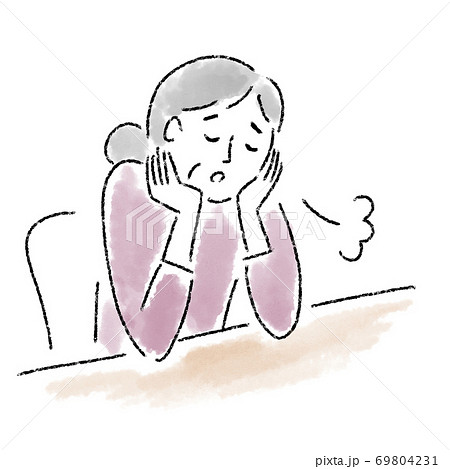 女性 シニア 困っている ため息 水彩 手描きのイラスト素材