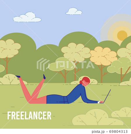 Business Woman Freeelancer in Park Works Remotely. 69804313