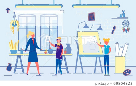 Flat Banner Teaching Children Art in School Class. 69804323