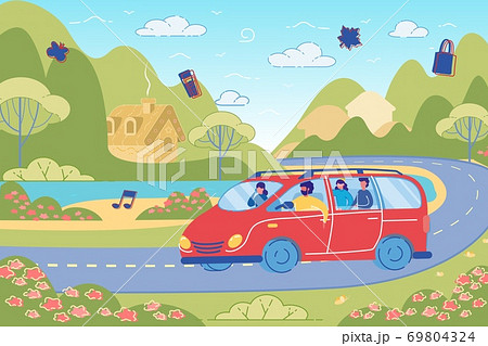 Friends Having Fun in Car Driving on Country Road. Friends Having Fun in Car Driving on Country Road. 69804324
