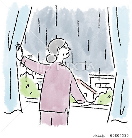 雨　女性　ミドルエイジ　窓　水彩　手描き 69804556