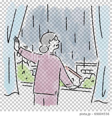 Rain woman middle age window watercolor hand-painted Rain woman middle age window watercolor hand-painted 69804556