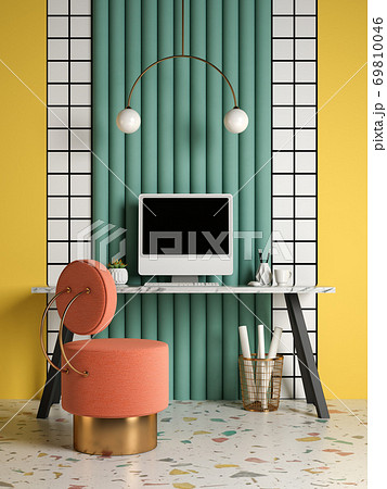 Memphis style conceptual interior Home office 3 d illustration Memphis style conceptual interior Home office 3 d illustration 69810046