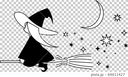 ほうきで夜空を飛ぶ魔女のイラストのイラスト素材