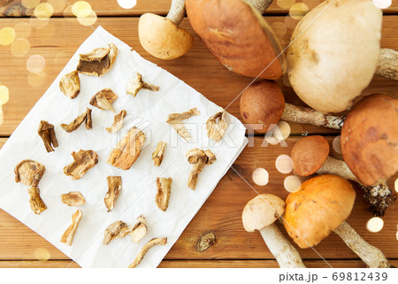 dried mushrooms on baking paper dried mushrooms on baking paper 69812439