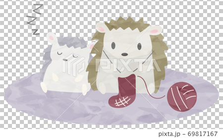 編み物をするハリネズミのイラスト 水彩風 のイラスト素材