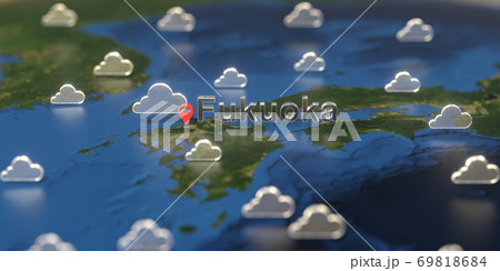 Cloudy weather icons near Fukuoka city on the map, weather forecast related 3D rendering Cloudy weather icons near Fukuoka city on the map, weather forecast related 3D rendering 69818684