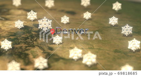 Snowy weather icons near Denver city on the map, weather forecast related 3D rendering Snowy weather icons near Denver city on the map, weather forecast related 3D rendering 69818685