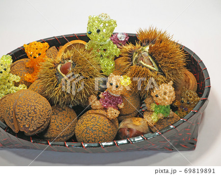 秋の味覚栗や栃の実とビーズテディベアの楽しい仲間たち 69819891