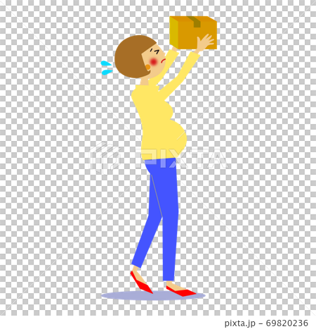 Pregnant woman carrying heavy luggage to a high place facing right 69820236