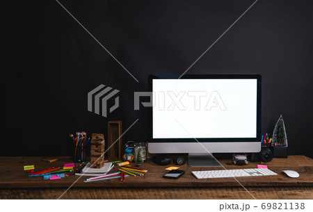 Office desk and computer and stationary equipment Computer mockup 69821138