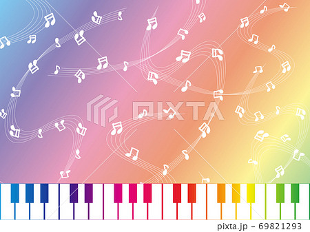 手描き五線譜 鍵盤 レインボー背景のイラスト素材