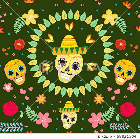 Day of the Dead Mexican seamless pattern. Dia de los muertos repeating texture. sugar skull, skeleton, flowers endless background. Vector illustration 69821504