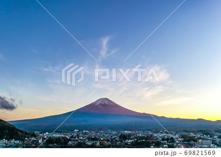 Aerial view over lake Kawaguchi, located in the border Fujikawaguchiko and Minobu, southern Yamanashi Prefecture near Mount Fuji, Japan. Lake Kawaguchi is a very popular tourist spot near Fuji Japan. Aerial view over lake Kawaguchi, located in the border Fujikawaguchiko and Minobu, southern Yamanashi Prefecture near Mount Fuji, Japan. Lake Kawaguchi is a very popular tourist spot near Fuji Japan. 69821569