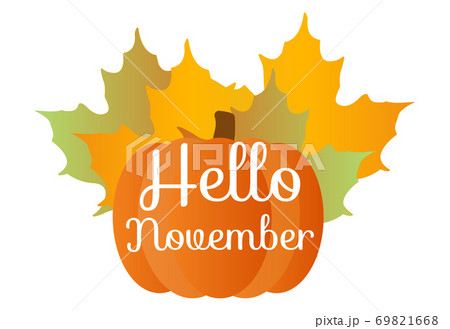 Hello November quote with pumpkin and orange maple leafes 69821668