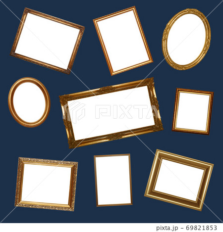Pattern of empty golden picture frames on blue 69821853