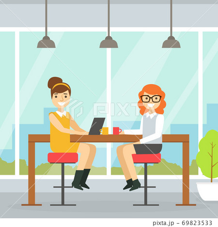 Coworking Space with Two Smiling Businesswoman Sitting at Desk, Business Team Working Together in Coworking Open Office Vector Illustration Coworking Space with Two Smiling Businesswoman Sitting at Desk, Business Team Working Together in Coworking Open Office Vector Illustration 69823533