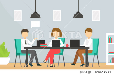 Coworking Space with Business People Sitting at Desk with Laptop Computers, Team Working Together in Coworking Open Office Vector Illustration Coworking Space with Business People Sitting at Desk with Laptop Computers, Team Working Together in Coworking Open Office Vector Illustration 69823534