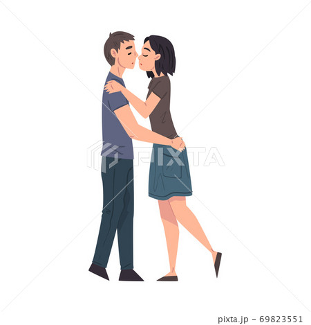Happy Young Man and Woman in Love Hugging and Kissing, Romantic Loving Couple Cartoon Style Vector Illustration Happy Young Man and Woman in Love Hugging and Kissing, Romantic Loving Couple Cartoon Style Vector Illustration 69823551