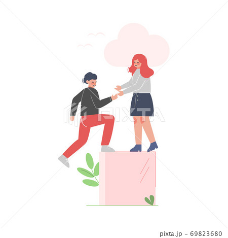 Woman Helping Man to Climb up on Top of Rising Diagram Column, Moving up Motivation Business Concept Cartoon Vector Illustration 69823680