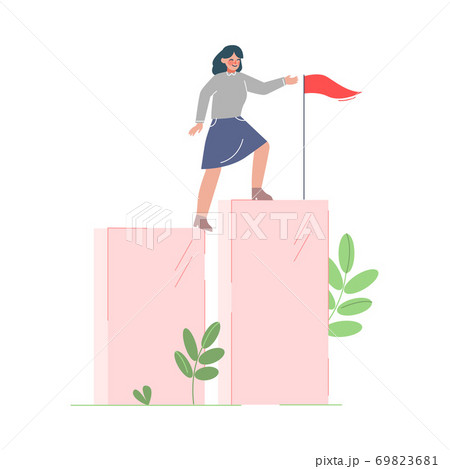 Woman Climbing up to the Goal on Column of Columns, Moving up Motivation Business Concept Cartoon Vector Illustration 69823681