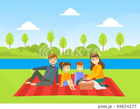 Happy Family Having Picnic Outdoors, Dad, Mom, Son and Daughter Resting on Nature Cartoon Vector Illustration Happy Family Having Picnic Outdoors, Dad, Mom, Son and Daughter Resting on Nature Cartoon Vector Illustration 69824277
