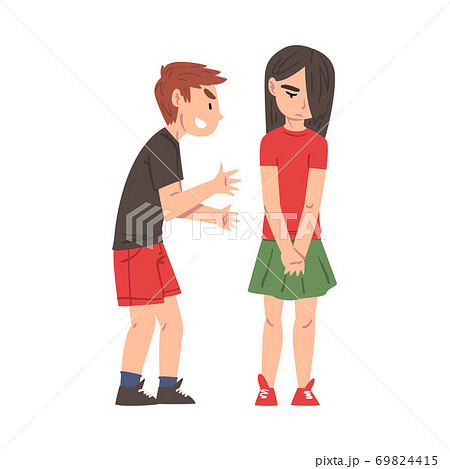 Sad Girl Bullied by Boy, Classmate Mocking Her, Mockery and Bullying at School Problem Cartoon Style Vector Illustration Sad Girl Bullied by Boy, Classmate Mocking Her, Mockery and Bullying at School Problem Cartoon Style Vector Illustration 69824415