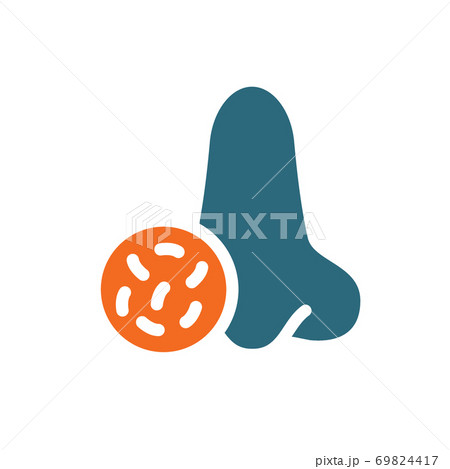 Nose with bacteria colored icon. Diseased of nose and paranasal sinuse, bacterial infection of the nasal vestibule, nasal vestibulitis symbol 69824417