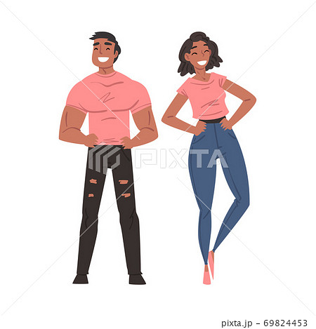 Happy Smiling Couple, Cheerful Guy and Girl Characters Having Fun Together Cartoon Style Vector Illustration 69824453