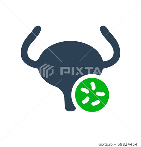 Urinary bladder with bacteria colored icon. Diseased internal organ, cystitis, bladder infection, bacterial urinary tract infections symbol 69824454