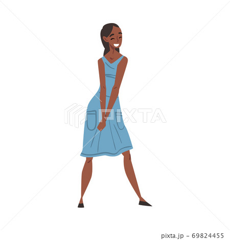 Cheerful Smiling African American Woman, Happy Person Character Wearing Light Blue Dress Cartoon Style Vector Illustration 69824455