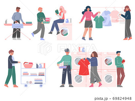 People Doing Laundry at Home or Public Laundrette Set, Men and Women Washing, Drying and Ironing their Clothes Flat Style Vector Illustration 69824948