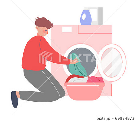 Young Man Putting Dirty Clothes in Washing Machine, Guy Doing Laundry at Home Flat Style Vector Illustration Young Man Putting Dirty Clothes in Washing Machine, Guy Doing Laundry at Home Flat Style Vector Illustration 69824973