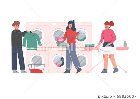 People Doing Laundry at Public Laundrette, Young Man and Women Washing, Drying and Ironing Clothes Flat Style Vector Illustration 69825007