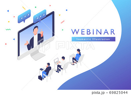 オンラインでウェビナーを受講している人たちのイメージイラスト素材 69825044