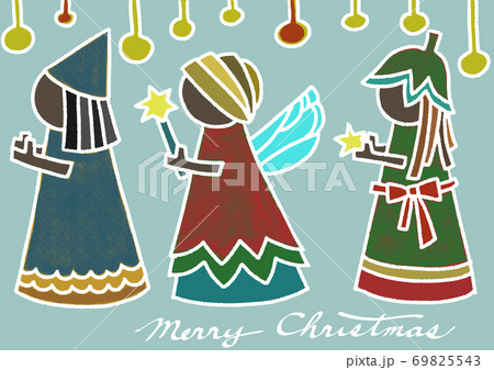 妖精や聖人が描かれたクリスマスのイラスト Merry Christmas の文字入り のイラスト素材