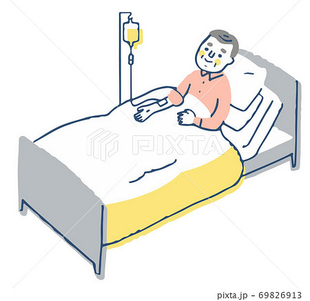 ベッドで点滴を受けるシニア男性 69826913