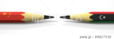 Two pencils with flags of China and Libya, political conflict related 3d rendering Two pencils with flags of China and Libya, political conflict related 3d rendering 69827530