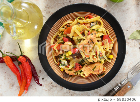 Noodles with chicken and vegetabels Noodles with chicken and vegetabels 69830406